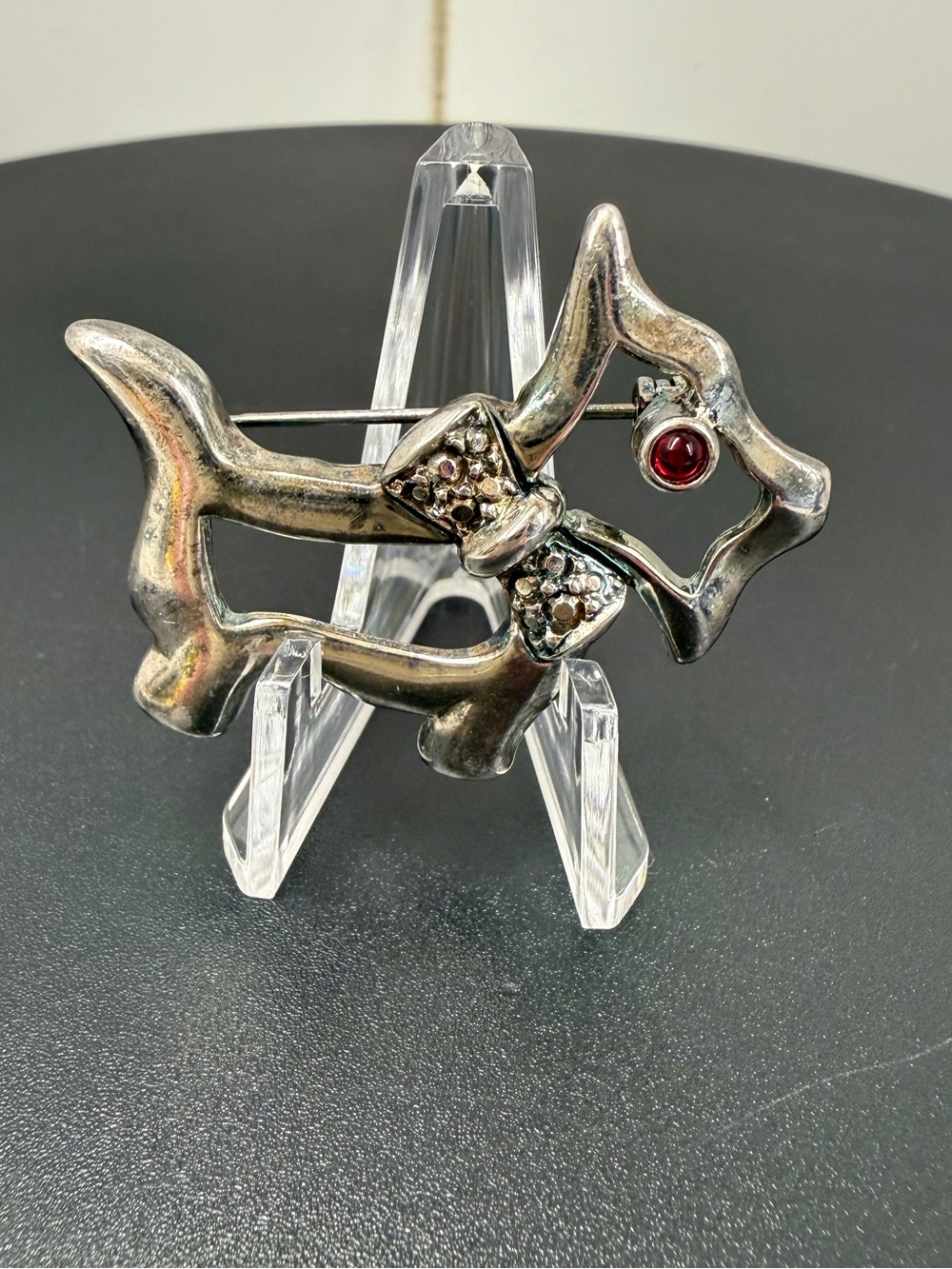 Silver Tone Dog Brooch with Red Gem Accent